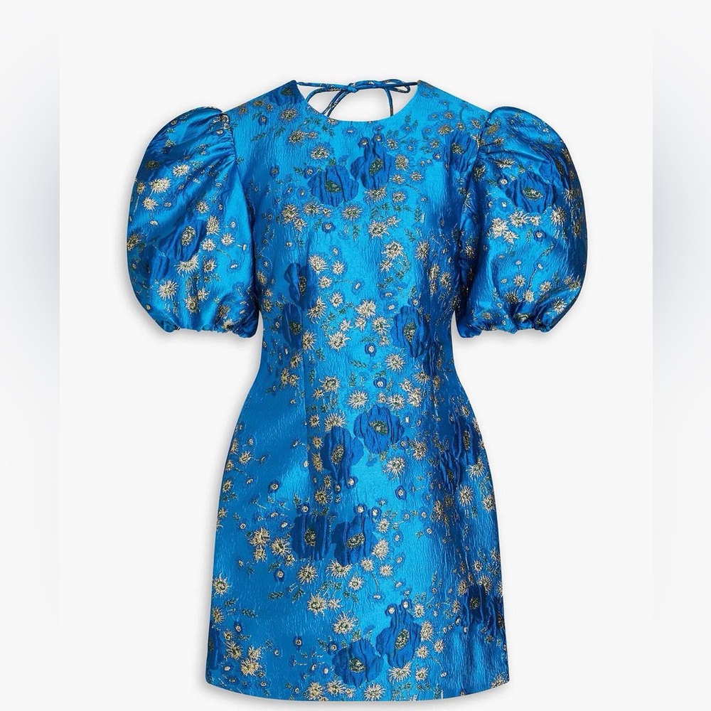 Blue Metallic Brocade Puff Sleeve Mini Dress